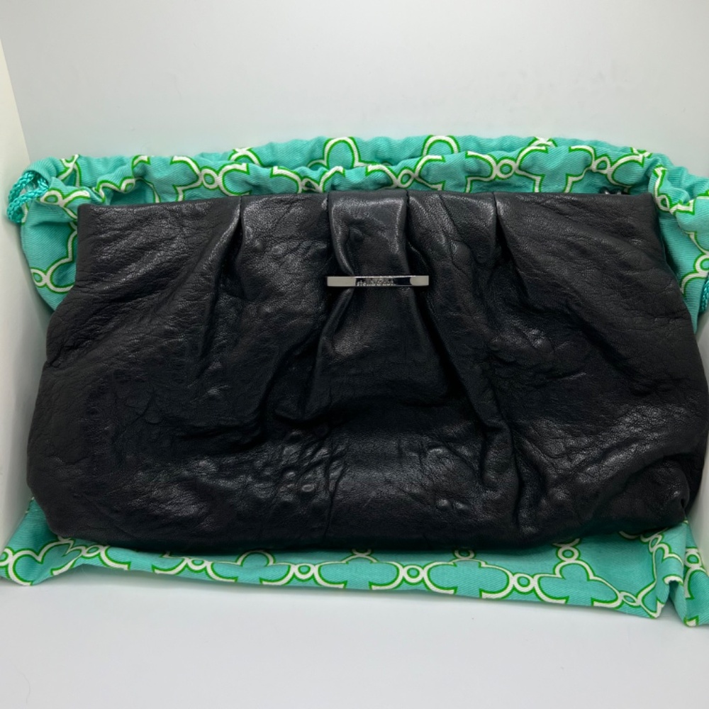 Stella & Dot Black Leather Pleated Clutch with Gunmetal Gray Hardware